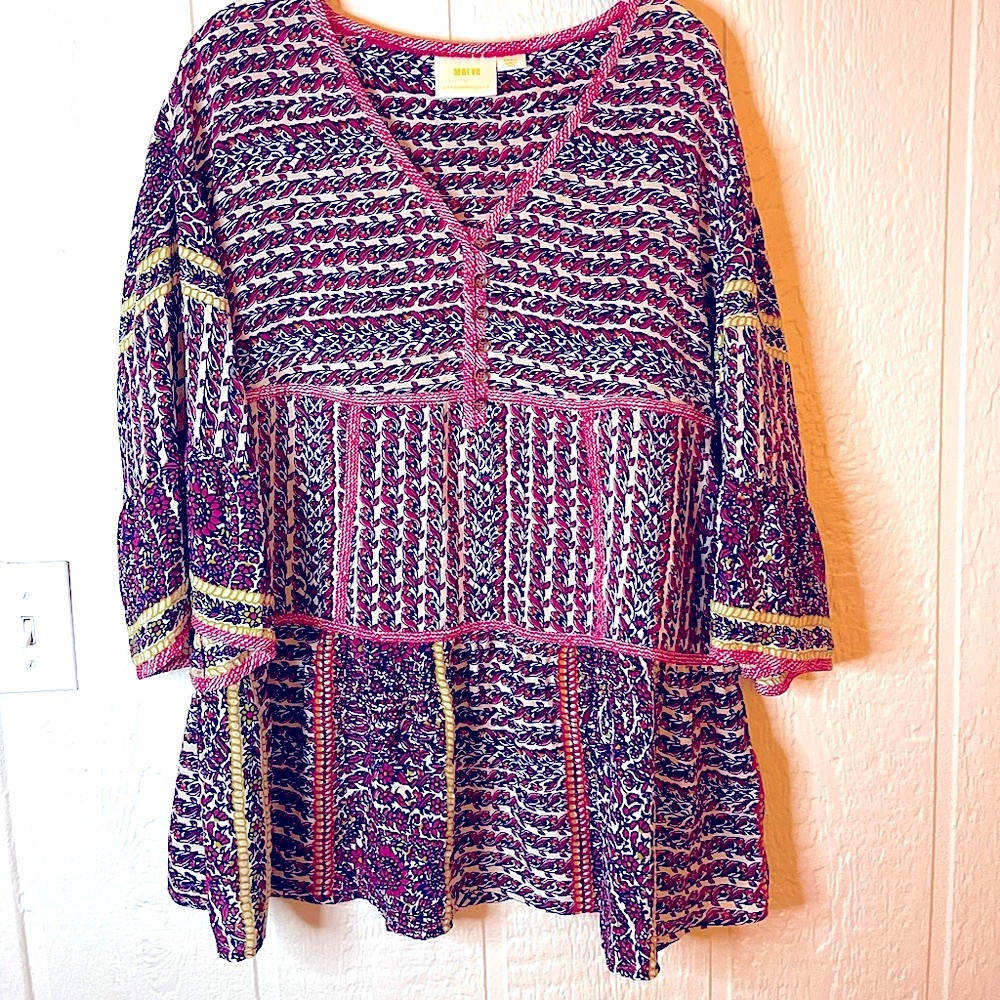 Anthropologie Maeve Boho 100% Silk Tunic Top sz S